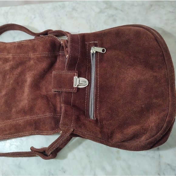 EUC Vintage Amilet Brown Suede Leather Saddle Bag Purse Shoulder Bag Bead Flower - Picture 4 of 11